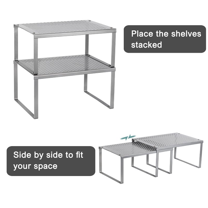 NEX Kitchen Shelf Organizer for Counter Cupboard Pantry, Set of 2 Cabinet Shelf Organizer Spice Rack, Stackable, Metal, Silver - Image 3